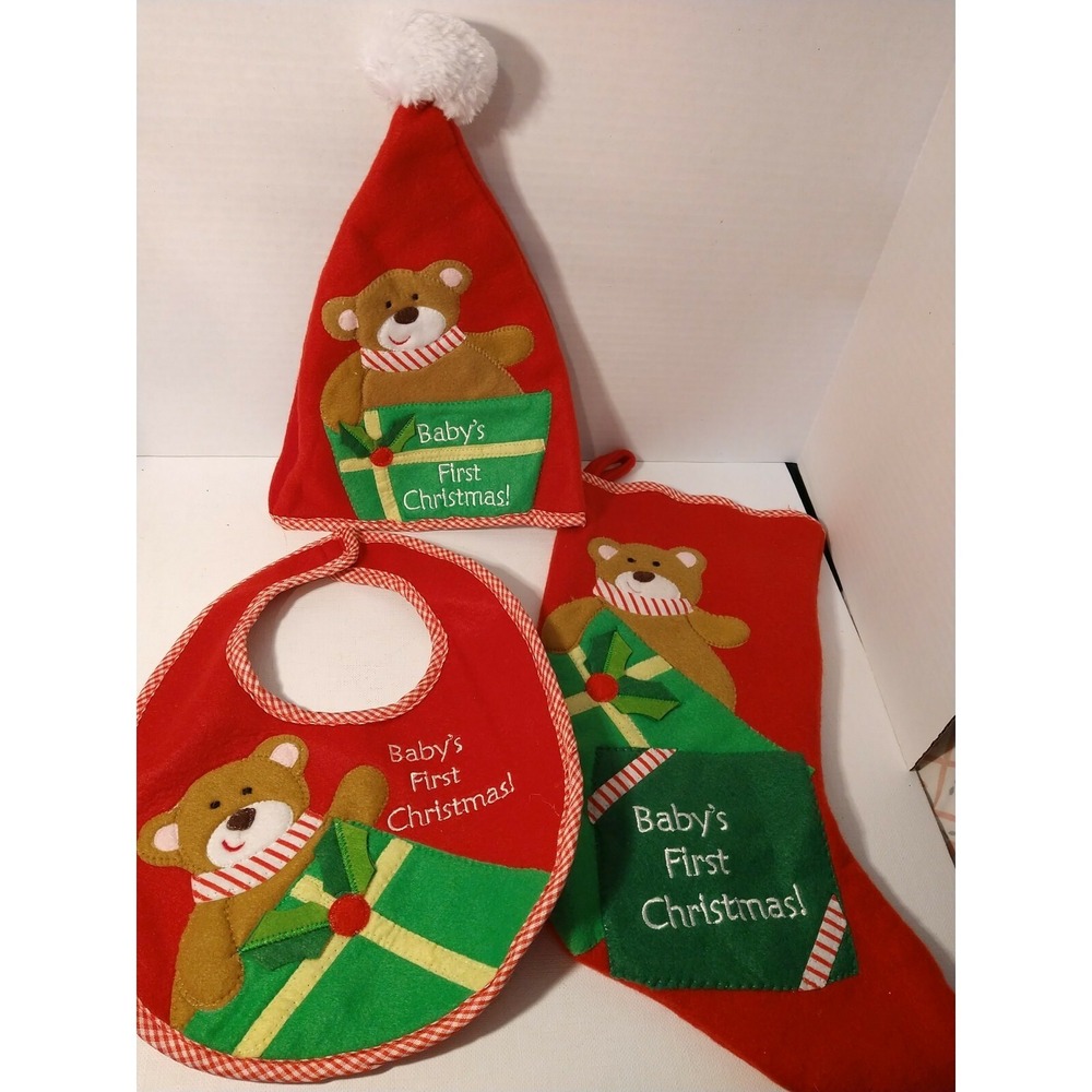 Toys R Us Baby's First Christmas Stocking, Bib & Hat Teddy Bear 2015 NOS